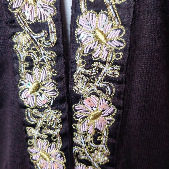 Cache Embroidered Cardigan Beaded Sequin Trim Open Front - Picture 7 of 12